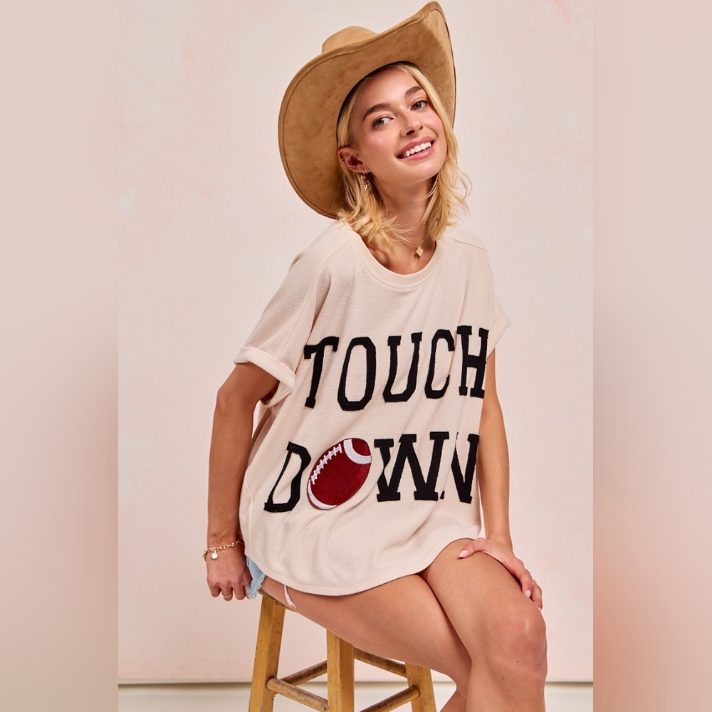 BiBi Game Day Touchdown Letter Patches Waffle Short Top - Picture 5 of 14